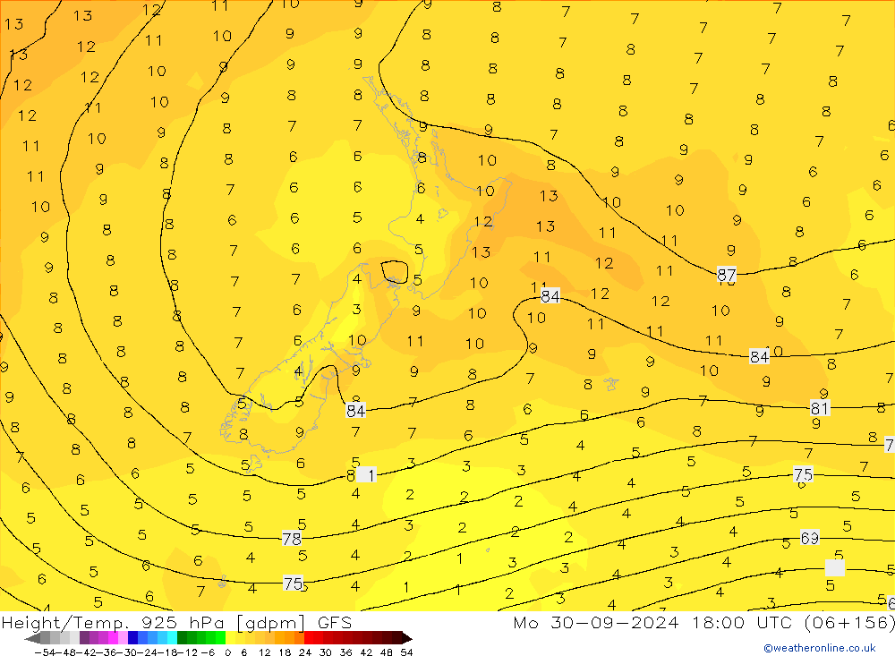 Height/Temp. 925 hPa GFS Seg 30.09.2024 18 UTC