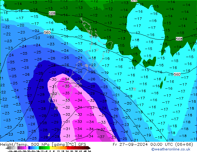 Hoogte/Temp. 500 hPa GFS vr 27.09.2024 00 UTC