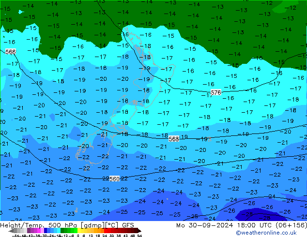 Hoogte/Temp. 500 hPa GFS ma 30.09.2024 18 UTC