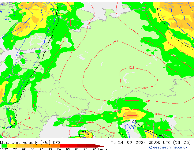 Max. wind velocity GFS mar 24.09.2024 09 UTC