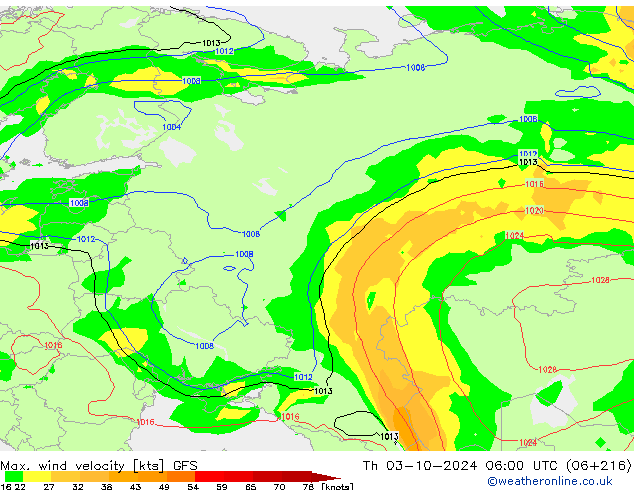 Max. wind velocity GFS jue 03.10.2024 06 UTC