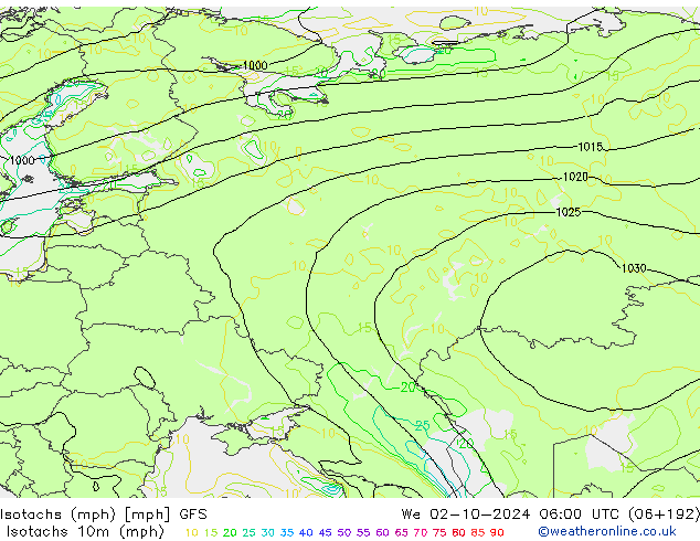 Isotaca (mph) GFS mié 02.10.2024 06 UTC