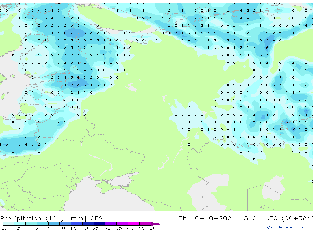 Precipitación (12h) GFS jue 10.10.2024 06 UTC