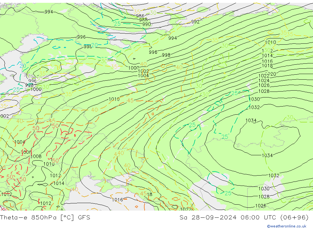 Theta-e 850hPa GFS Sa 28.09.2024 06 UTC