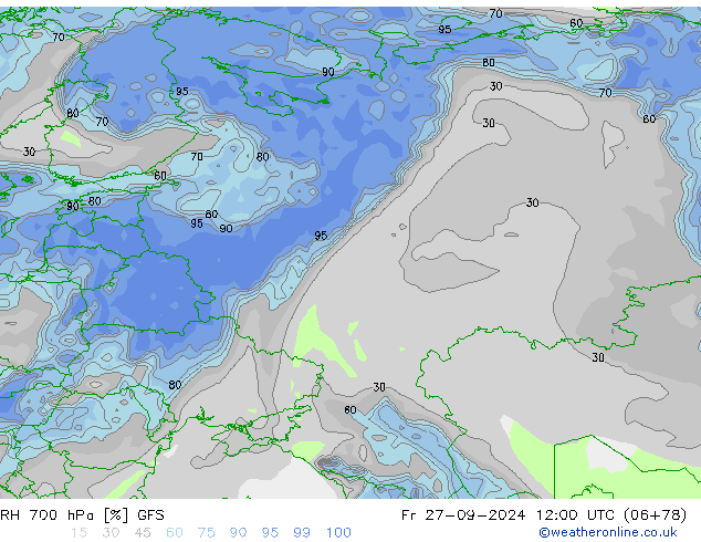 RH 700 гПа GFS пт 27.09.2024 12 UTC