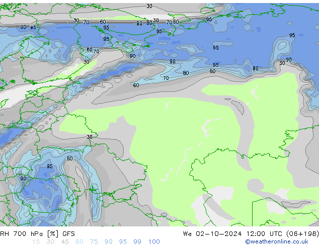 Humedad rel. 700hPa GFS mié 02.10.2024 12 UTC