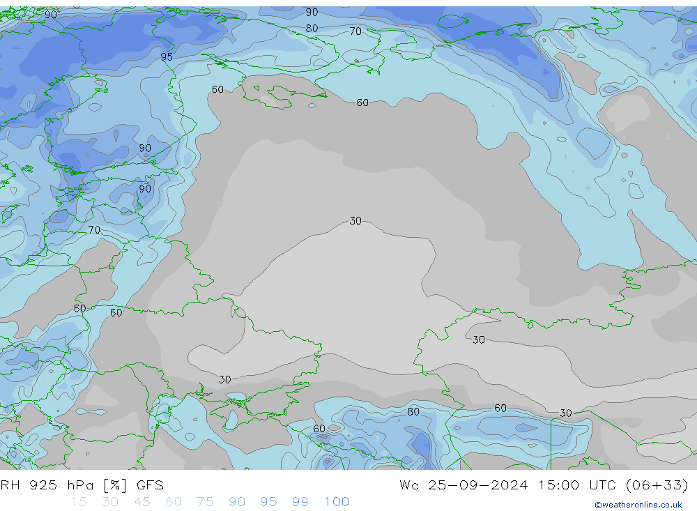 RH 925 hPa GFS mer 25.09.2024 15 UTC