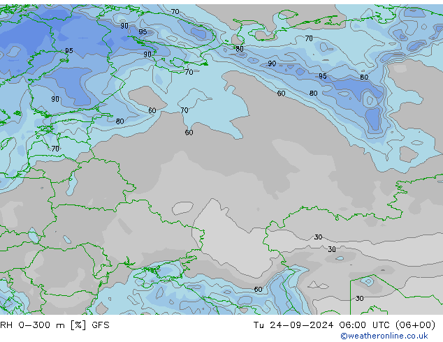 RH 0-300 m GFS вт 24.09.2024 06 UTC