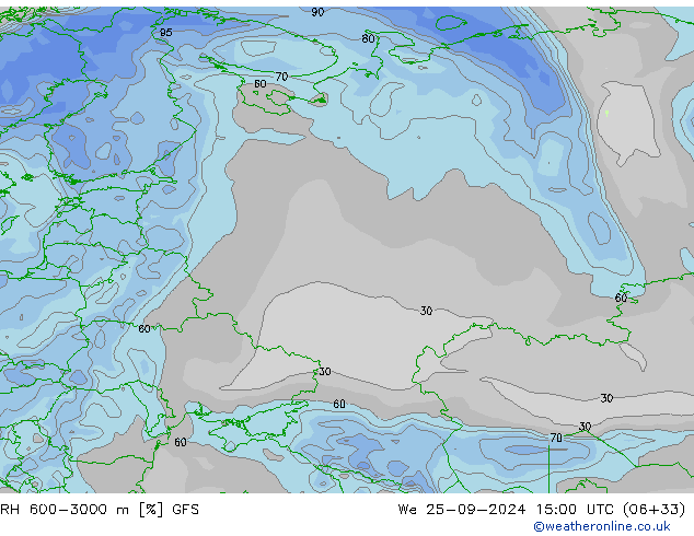 RH 600-3000 m GFS mer 25.09.2024 15 UTC