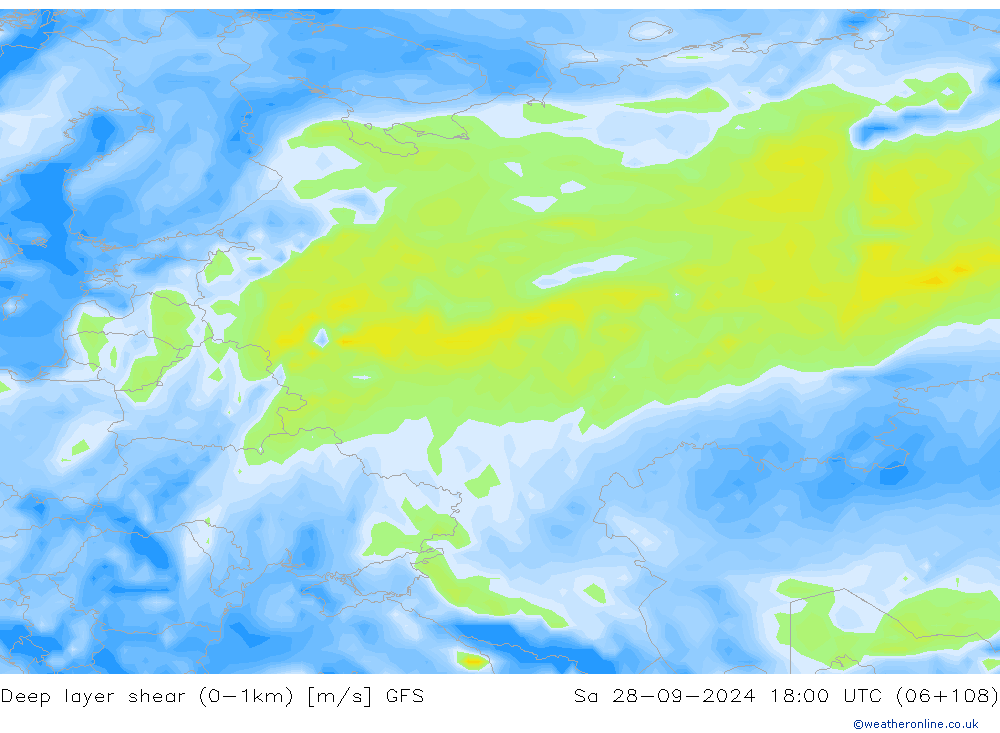 Deep layer shear (0-1km) GFS Sa 28.09.2024 18 UTC