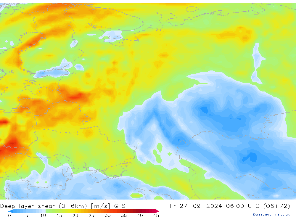 Deep layer shear (0-6km) GFS Pá 27.09.2024 06 UTC