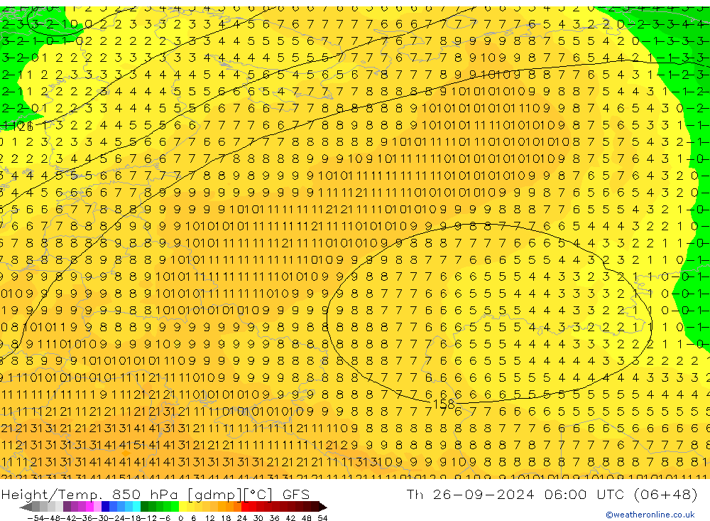 Height/Temp. 850 hPa GFS czw. 26.09.2024 06 UTC