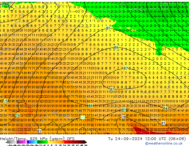 Height/Temp. 925 hPa GFS wto. 24.09.2024 12 UTC