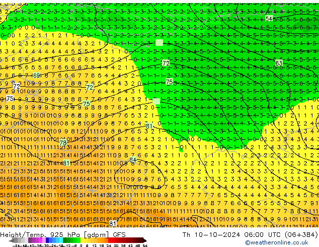 Height/Temp. 925 hPa GFS czw. 10.10.2024 06 UTC