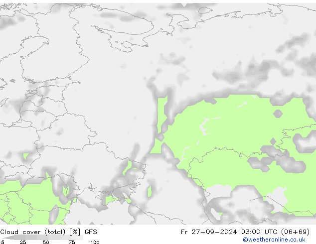 Cloud cover (total) GFS Fr 27.09.2024 03 UTC