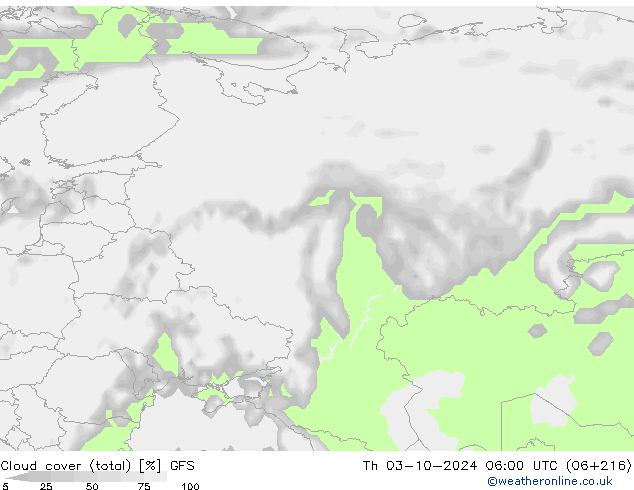 Nubes (total) GFS jue 03.10.2024 06 UTC