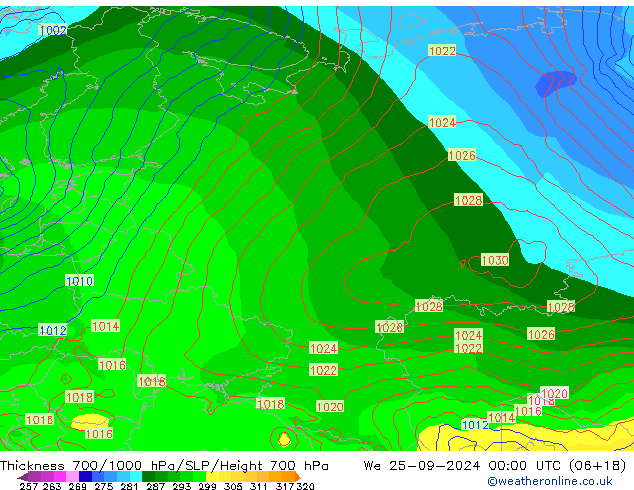 Espesor 700-1000 hPa GFS mié 25.09.2024 00 UTC