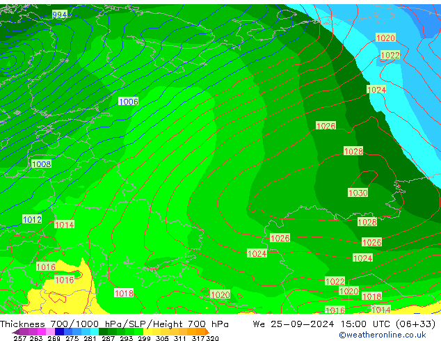 Thck 700-1000 hPa GFS We 25.09.2024 15 UTC