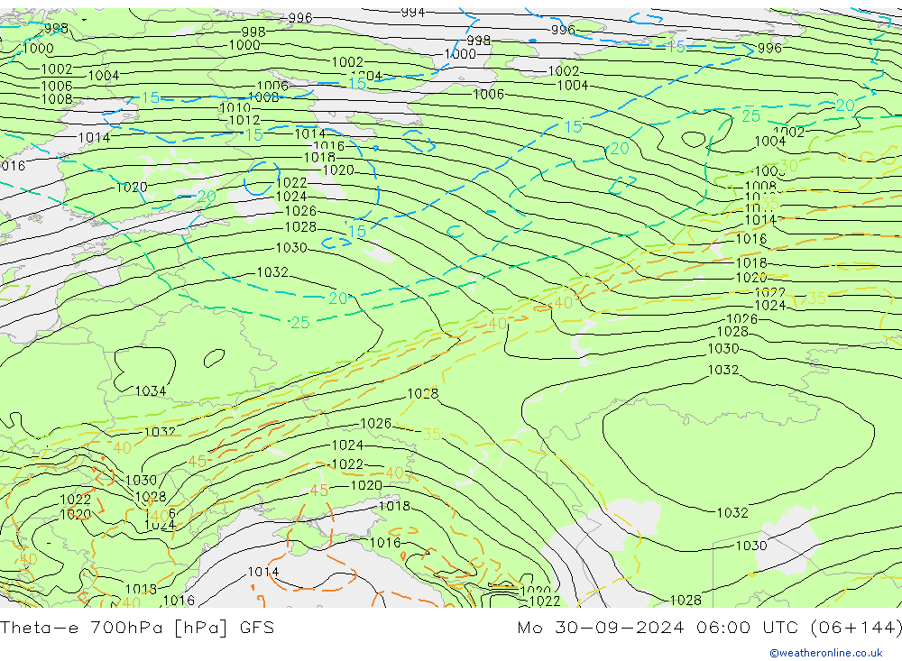 Theta-e 700hPa GFS Mo 30.09.2024 06 UTC