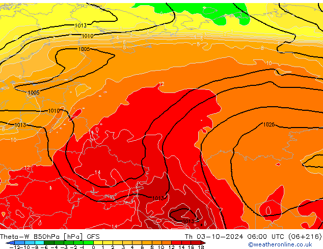 Theta-W 850hPa GFS jue 03.10.2024 06 UTC