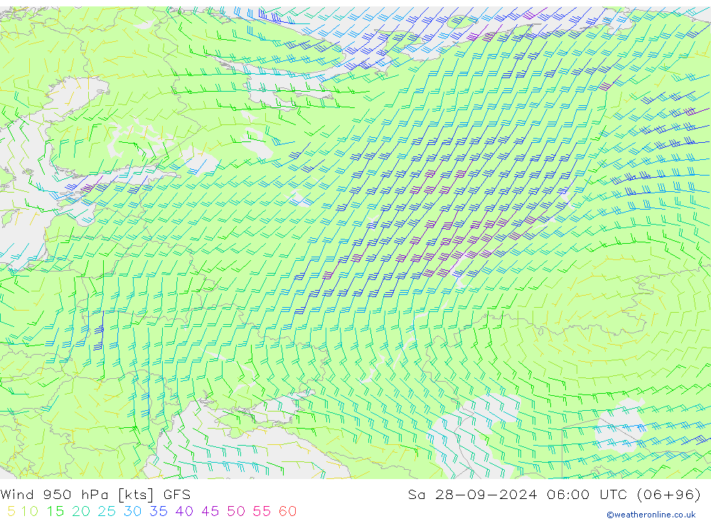 Wind 950 hPa GFS Sa 28.09.2024 06 UTC