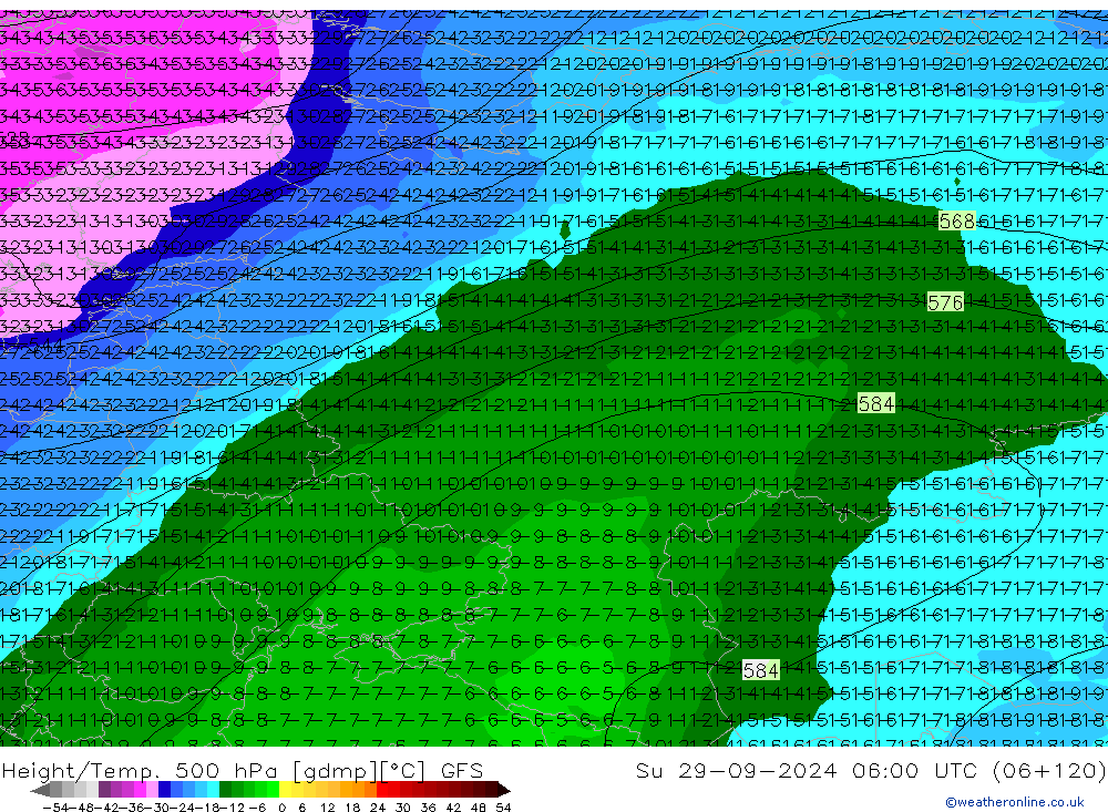 Z500/Rain (+SLP)/Z850 GFS Вс 29.09.2024 06 UTC