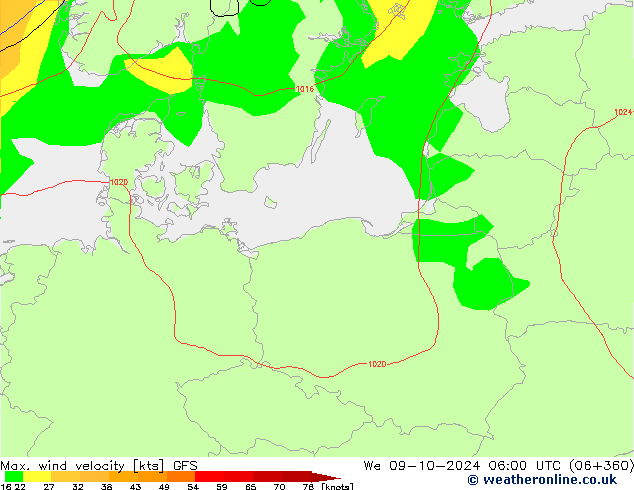 Max. wind velocity GFS We 09.10.2024 06 UTC