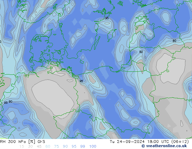 RH 300 hPa GFS Tu 24.09.2024 18 UTC