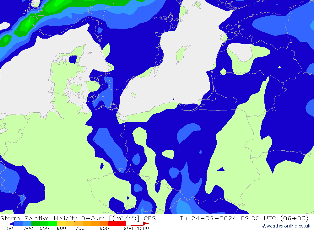 Storm Relative Helicity GFS Tu 24.09.2024 09 UTC