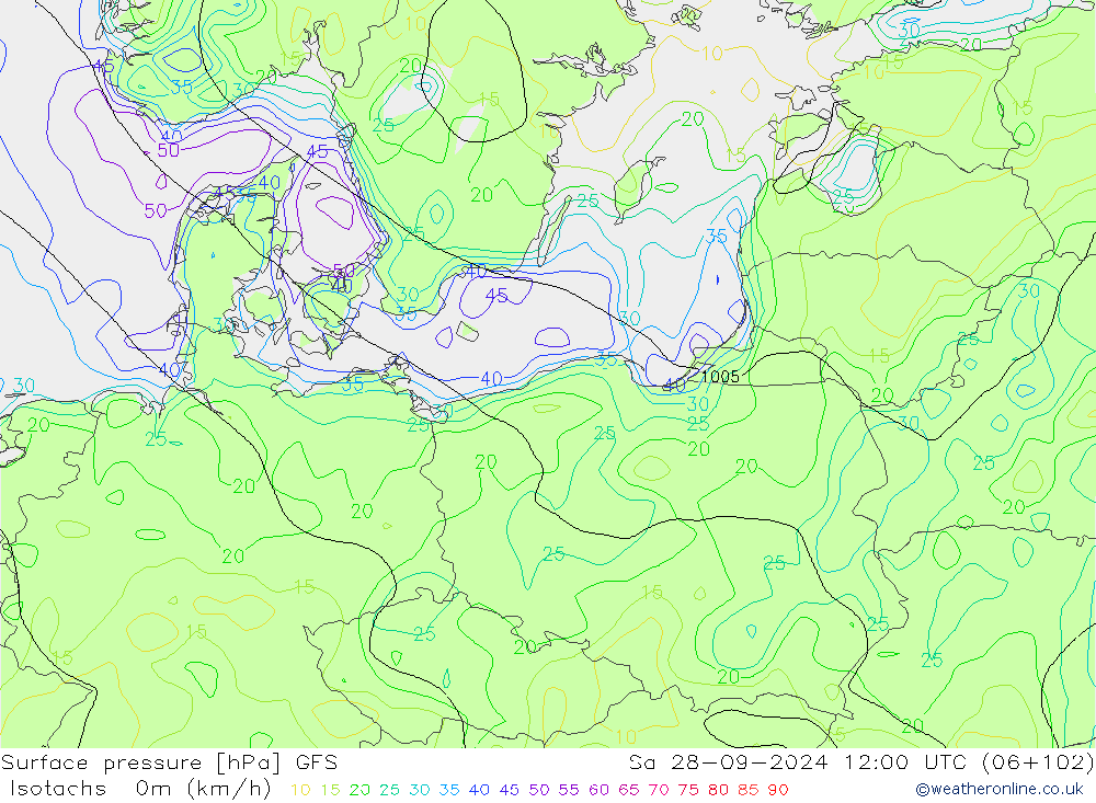 Isotachen (km/h) GFS za 28.09.2024 12 UTC