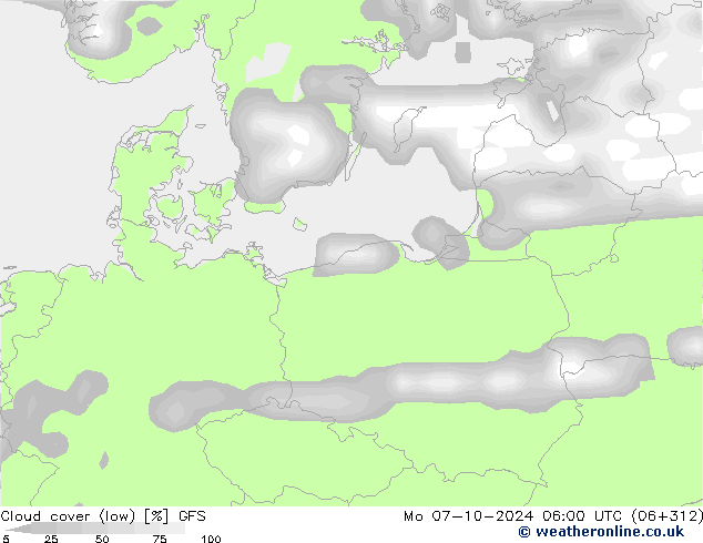 Cloud cover (low) GFS Mo 07.10.2024 06 UTC