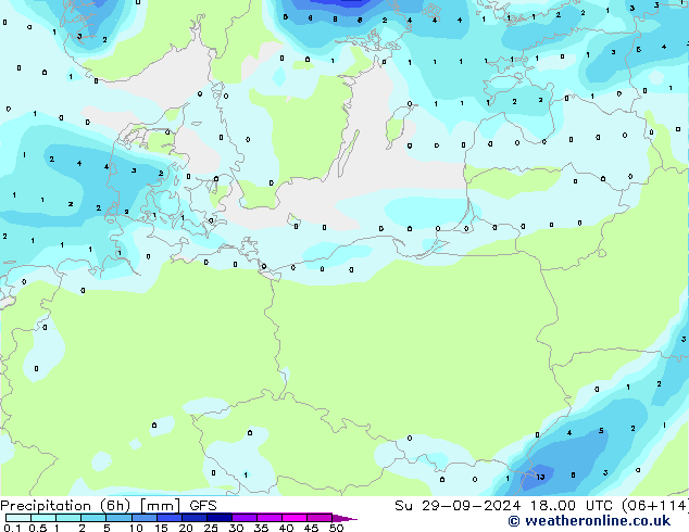 Precipitation (6h) GFS Su 29.09.2024 00 UTC