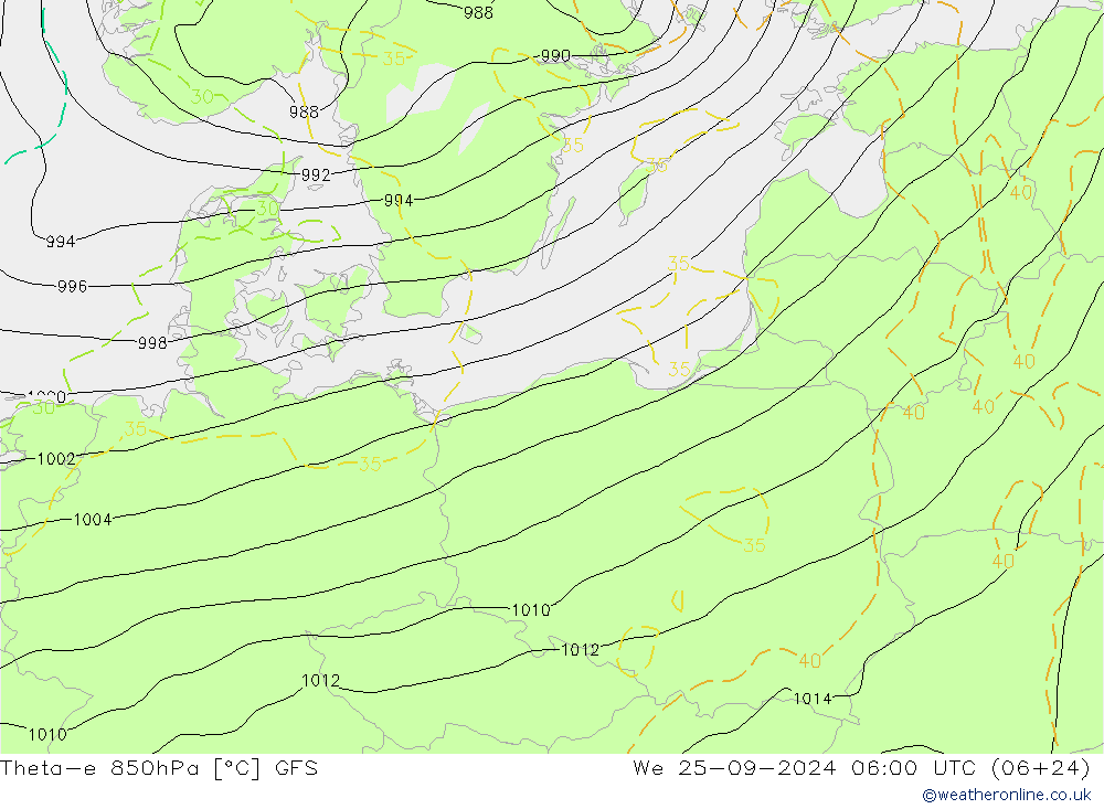 Theta-e 850hPa GFS mer 25.09.2024 06 UTC