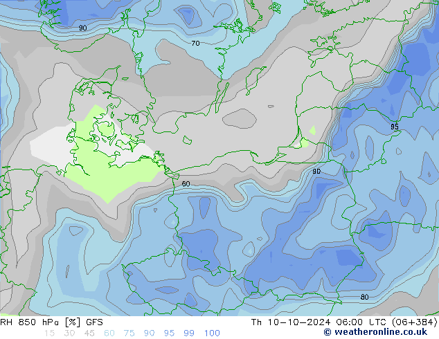 RH 850 hPa GFS Čt 10.10.2024 06 UTC