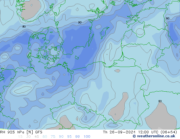 RH 925 hPa GFS czw. 26.09.2024 12 UTC