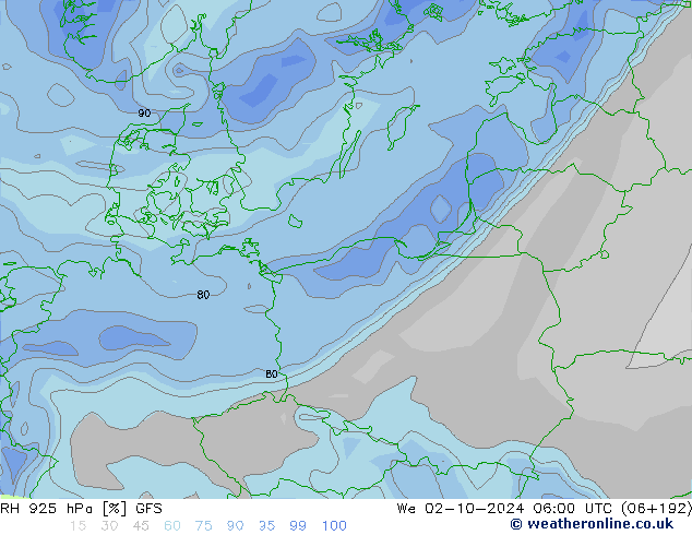 Humidité rel. 925 hPa GFS mer 02.10.2024 06 UTC