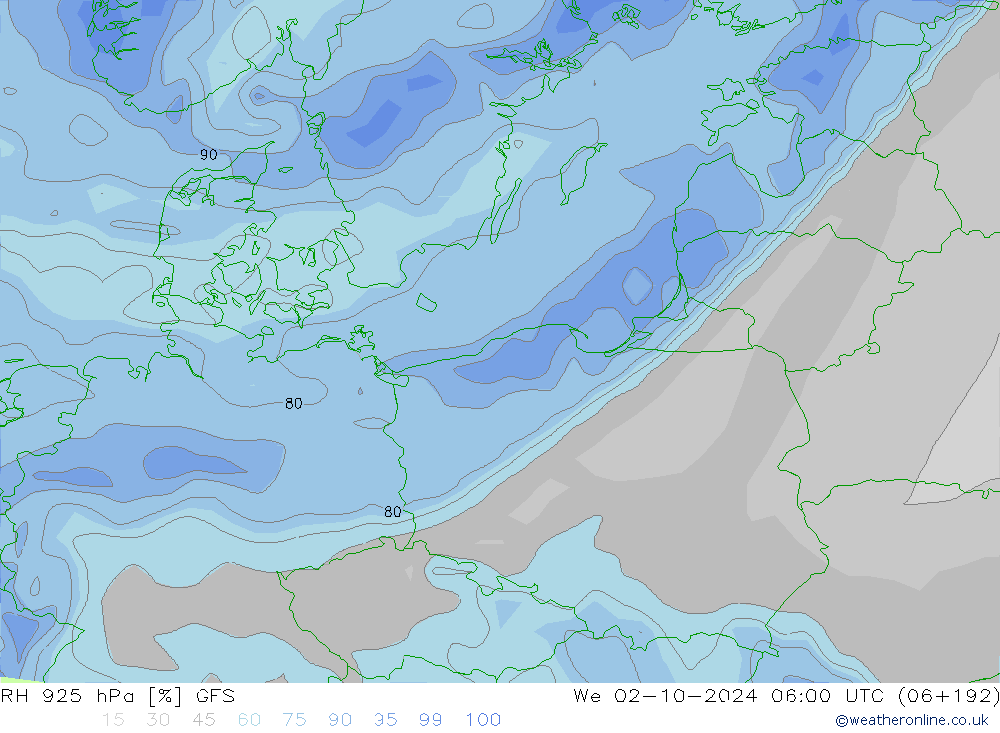 925 hPa Nispi Nem GFS Çar 02.10.2024 06 UTC