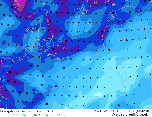 Precipitation accum. GFS Tu 01.10.2024 18 UTC