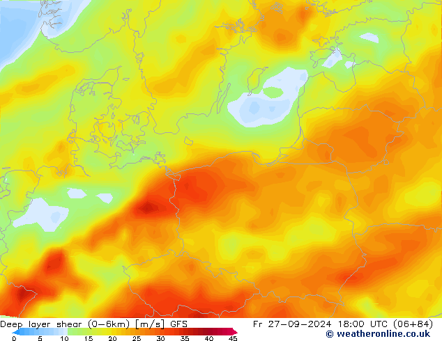 Deep layer shear (0-6km) GFS пт 27.09.2024 18 UTC