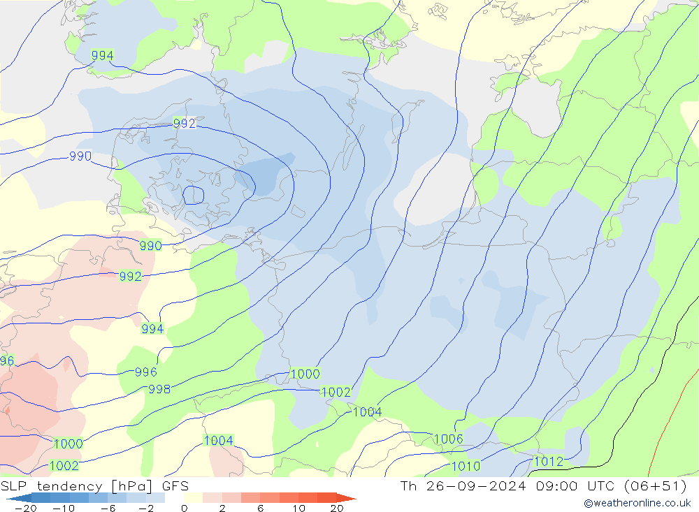 SLP tendency GFS Čt 26.09.2024 09 UTC