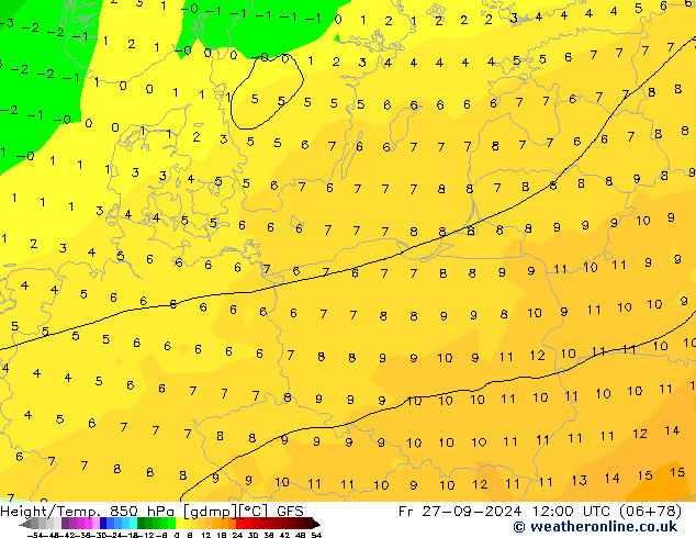 Height/Temp. 850 hPa GFS Fr 27.09.2024 12 UTC