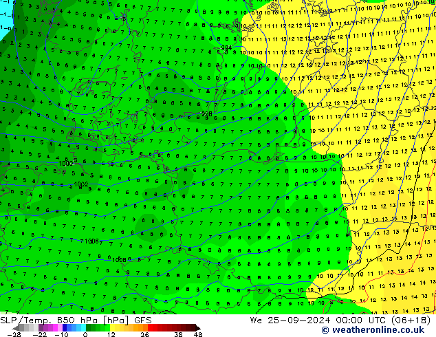 SLP/Temp. 850 hPa GFS mer 25.09.2024 00 UTC