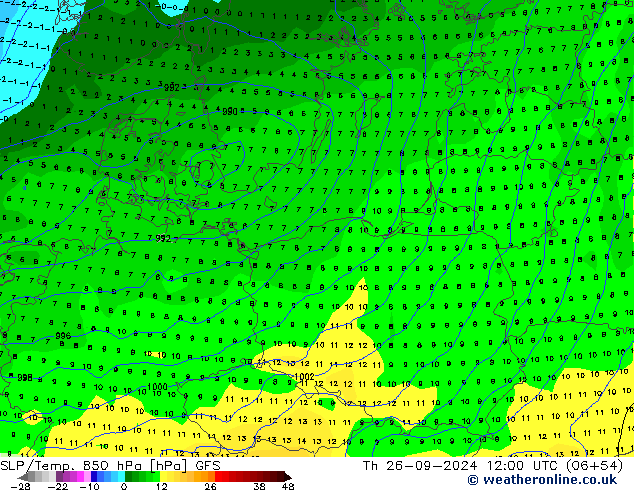 SLP/Temp. 850 hPa GFS czw. 26.09.2024 12 UTC