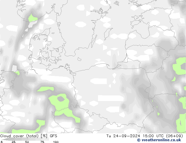 Cloud cover (total) GFS Út 24.09.2024 15 UTC