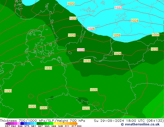 Thck 700-1000 hPa GFS dom 29.09.2024 18 UTC