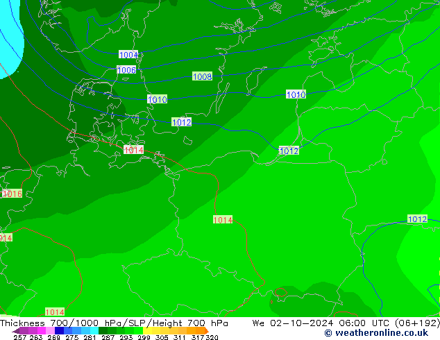 Thck 700-1000 hPa GFS We 02.10.2024 06 UTC