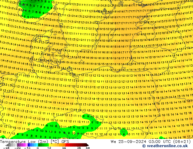 Temperatura mín. (2m) GFS mié 25.09.2024 03 UTC