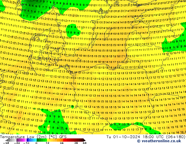 Tiefstwerte (2m) GFS Di 01.10.2024 18 UTC