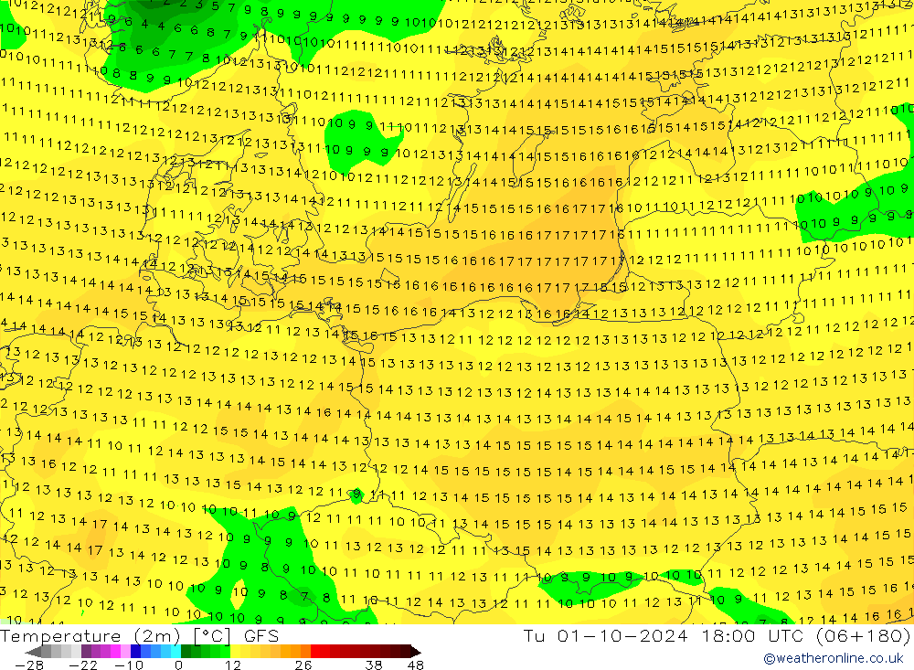 Temperatuurkaart (2m) GFS di 01.10.2024 18 UTC