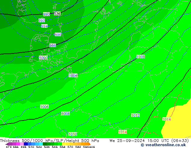 Espesor 500-1000 hPa GFS mié 25.09.2024 15 UTC